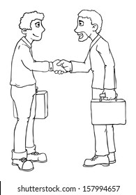 Two business people shaking hands, black and white outline, vector illustration
