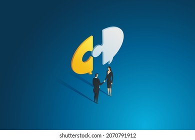 Two business people shaking hands and talk to each other and make a business agreement Through the jigsaw speech bubbles connect to each other. isometric vector illustration.