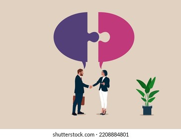 Two business people shaking hands and talk to each other and make a business agreement. Flay vector illustration.