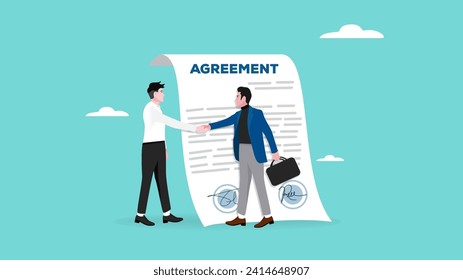 two business people shaking hands for business agreement with agreement paper that has been signed by both parties, cooperation in business to achieve certain targets, business cooperation contract