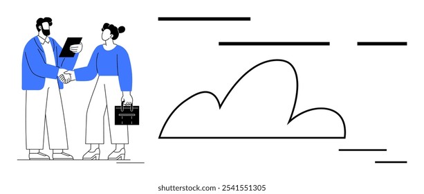 Two business people shaking hands with, one of them holding a tablet, next to a cloud symbol and horizontal lines. Ideal for depicting concepts of partnership, agreement, cloud technology