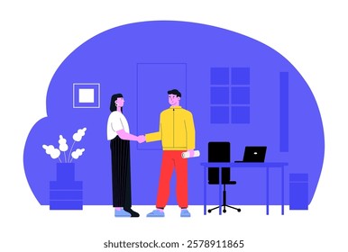 Two business people shaking hands after reaching an agreement during a meeting in a modern office with blue walls, a desk, a laptop and a plant