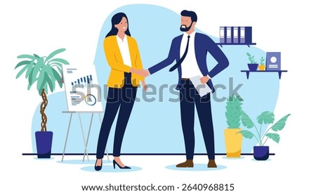 Two business people shaking hands in an office setting, symbolising a successful deal, partnership, or interview with a presentation board in the background. Flat design vector illustration