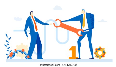 Two business people sharing business idea, business approach. Working together and supporting each other. 