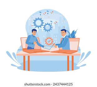 Two business people signed contract documents online. Using electronic signature on the laptop. Contract agreement concept. Flat vector illustration.