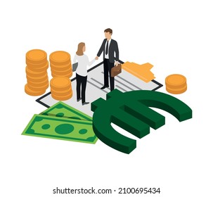 Two Business People Signing A Contract. Dollar Euro Currency. Business And Economy Concept. Editable Vector.
