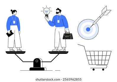 Two business people stand on a balance scale, symbolizing work-life balance or equality. One holds a light bulb, symbolizing innovation, next to a bullseye and shopping cart. Ideal for business