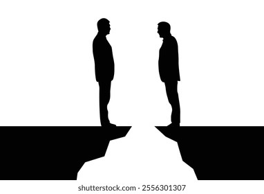 Two Business People Standing on the Cliff and Talking Over a Precipice. White collar workers and business people discussing and overcoming difficulties concept vector