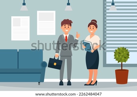 Two business people standing and talking in office. Male boss giving advice to his secretary cartoon vector