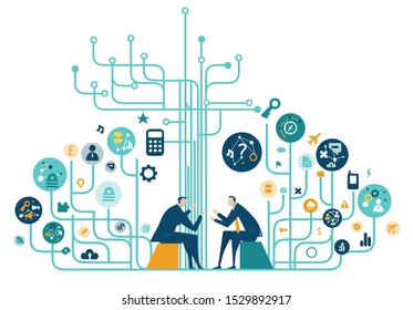 Two business people talking about the deal. High tech electronic, microchips, icons and communication symbols at the background. Business concept illustration. 
