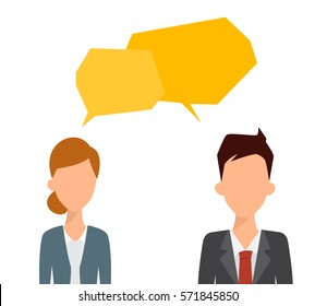 Two business people talking with bubble speech. Flat people vector.