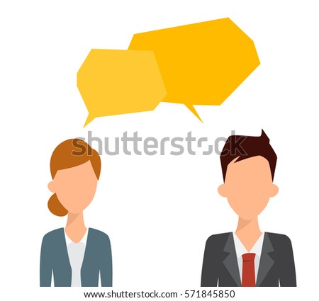 Two business people talking with bubble speech. Flat people vector.