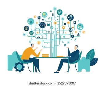 Two business people talking in the office, negotiating the contract or deal.  Business tree of success made of communication icons at the background 