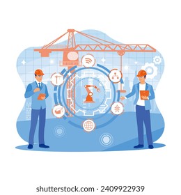 Two business people using digital tablets at a construction site. They made innovations in digital cranes. Concept Technology with Forex Graph Hologram. Trend Modern vector flat illustration