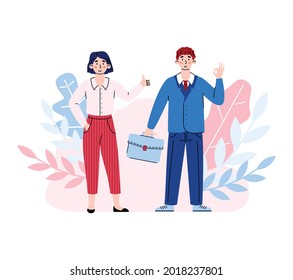 Two business people woman and man standing and showing positive gestures, cartoon vector illustration isolated on white background. Successful business partners.