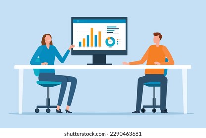two Business people working for data analytics graph report dashboard and business marketing team meeting planning. financial investment concept. flat vector illustration 
