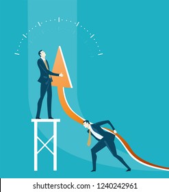 Two business people working together to move up an arrow, as a symbol of progress and growing idea