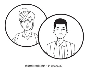 two business person afroamerican man and woman with bun avatar cartoon character profile picture portrait in round icons black and white vector illustration graphic design