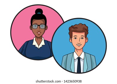 two business person afroamerican woman with bun and glasses and man smiling avatar cartoon character profile picture portrait in round icons vector illustration graphic design