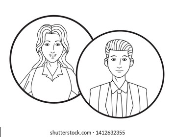 two business person avatar cartoon character profile picture portrait in round icons black and white vector illustration graphic design