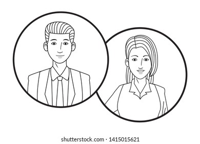 two business person avatar cartoon character profile picture portrait in round icons black and white vector illustration graphic design