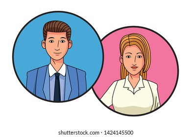 two business person avatar cartoon character profile picture portrait in round icons vector illustration graphic design