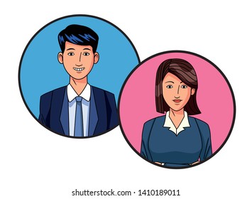two business person man smiling and woman with short hair avatar cartoon character profile picture portrait in round icons vector illustration graphic design