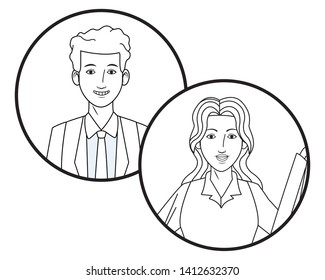 two business person man smiling avatar cartoon character profile picture portrait in round icons black and white vector illustration graphic design