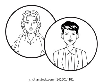 two business person man smiling. avatar cartoon character profile picture portrait in round icons black and white vector illustration graphic design