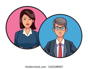 two business person man wearing glasses and woman with short hair avatar cartoon character profile picture portrait in round icons vector illustration graphic design