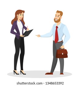 Two business person stand and talk. Businessman conversation. Communication between employee. People in suit. Isolated vector cartoon illustration