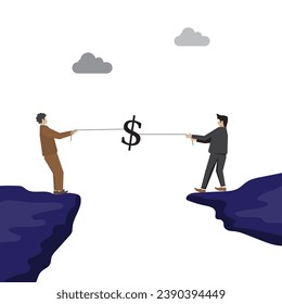 Two business person usurp dollar symbol by rope, business and finance crisis concept, vector flat style white background, copy space for text