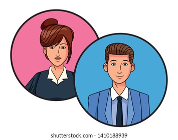 two business person woman with bun avatar cartoon character profile picture portrait in round icons vector illustration graphic design