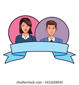 two business person woman with short hair avatar cartoon character profile picture portrait in round icons with ribbon banner vector illustration graphic design