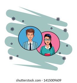 two business person woman wearing glasses and man smiling avatar cartoon character profile picture portrait in round icons with pop art background vector illustration graphic design.