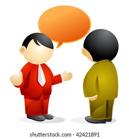 two business persons speaking to each other, speech bubble over him