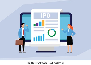 two business professionals analyzing an IPO document displayed on a large computer screen