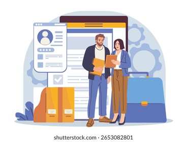 Dois profissionais de negócios que analisam currículos em dispositivos digitais, estilo plano moderno, com elementos de escritório e ícones de engrenagens em um fundo branco. Conceito de recrutamento. Ilustração vetorial