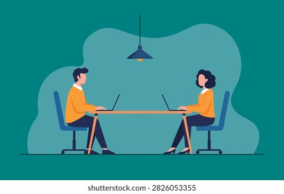 Two business professionals collaborating on laptops at a meeting table.