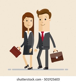 Two business professionals, colleagues, man and woman walking together, discussing a project. Vector, illustration, flat