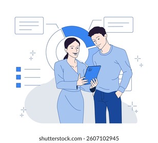 Two business professionals discussing data on a tablet, modern flat style, abstract background with charts and graphics, concept of teamwork and analysis. Vector illustration