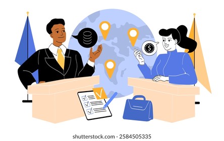 Two business professionals discussing financial topics at a global negotiation table with location markers and documents in the background