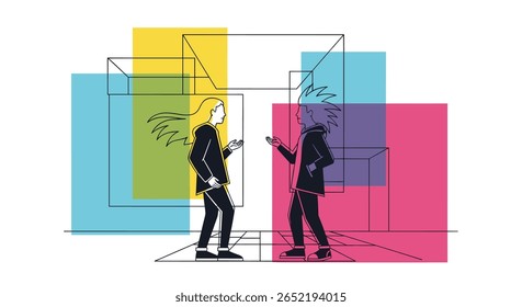 Two business professionals engaged in a lively discussion surrounded by colorful overlapping geometric shapes and minimalist architectural lines creating a vibrant and modern visual.