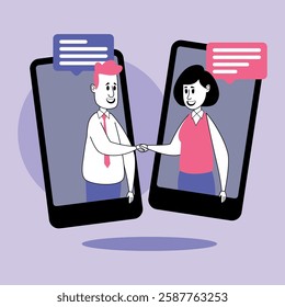 Two business professionals engaged in virtual handshake via their smartphones. Remote collaboration and digital networking in modern workplace concept