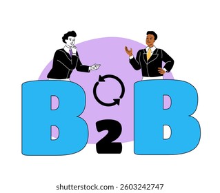 Two business professionals engaging in a discussion, standing on large B2B letters with an exchange icon in between. Concept of business-to-business communication. Vector illustration