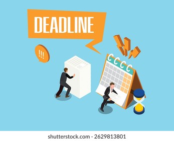 two business professionals facing an impending DEADLINE isometric 3d vector illustration