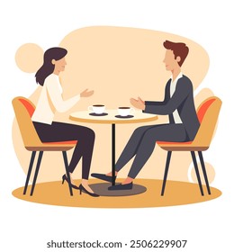 two business professionals having a conversation over coffee at a small round table, very simple flat design style