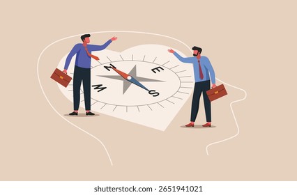 Two business professionals interacting with a large compass inside a human head shape, concept of inner compass, personal values, self guidance, and finding direction, vector flat illustration