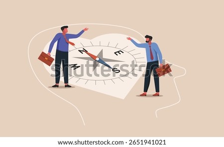 Two business professionals interacting with a large compass inside a human head shape, concept of inner compass, personal values, self guidance, and finding direction, vector flat illustration