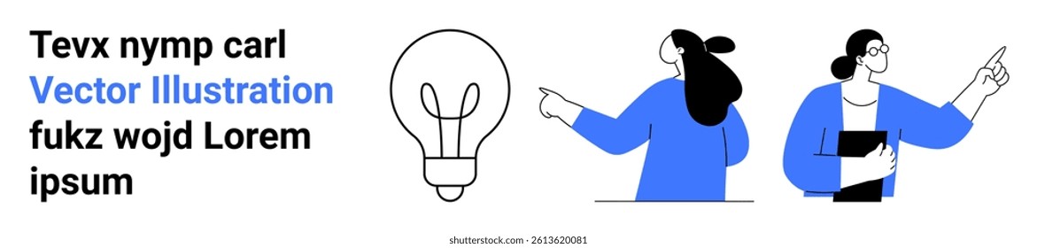 Two business professionals pointing at ideas alongside a large lightbulb symbol. Ideal for presentations, brainstorming sessions, teamwork concepts, innovation, business diagrams, educational